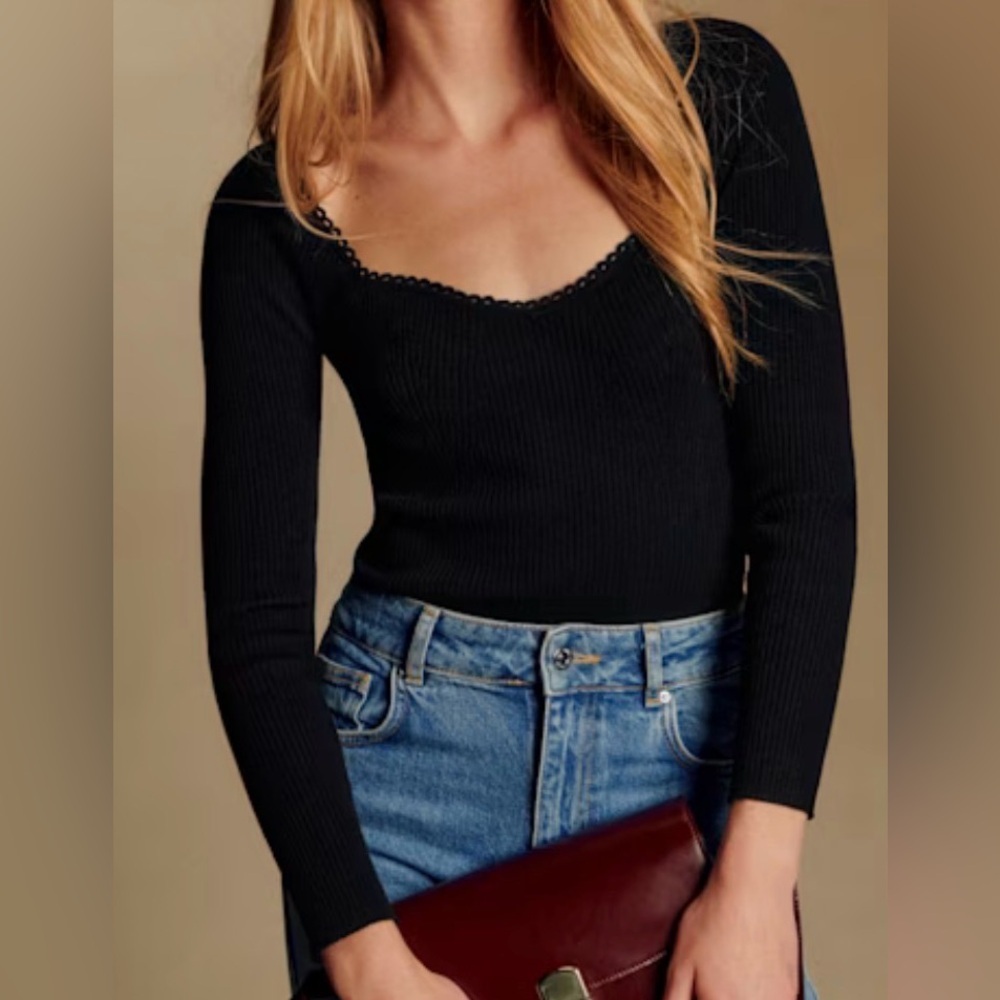 Sezane Maha Ribbed  Long Sleeve Square Neck Jumper Sweater Black Size Small